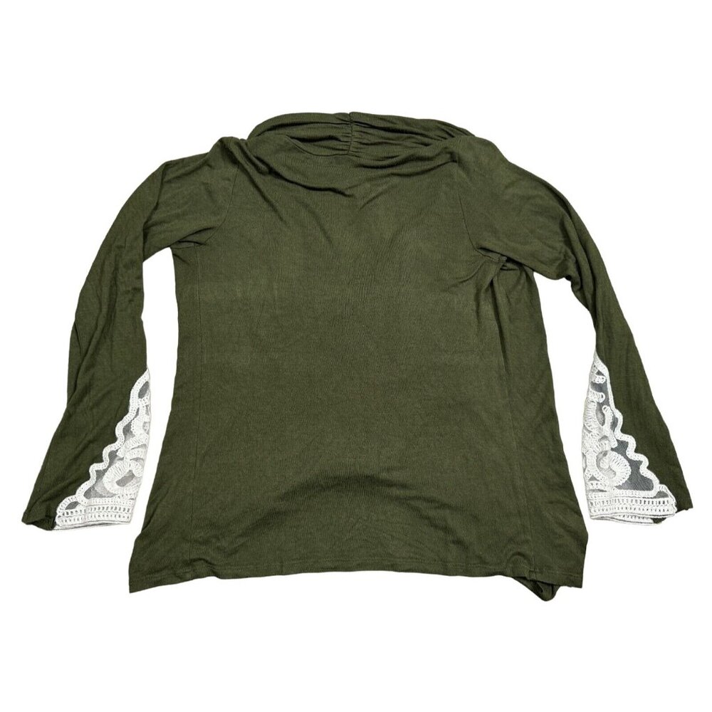 Sun Moon Womens Green Draped Cowl Neck Shirt Partial Lace Cuff Stretch Large? - Picture 6 of 12
